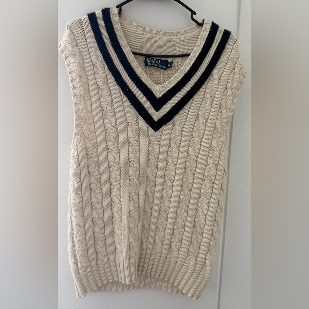 Ralph Lauren Cream Cable Knit Vest with Navy Trim
